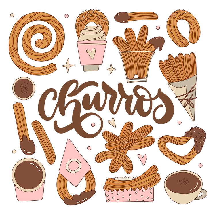 Vetor conjunto de diferentes churros com xícaras de calda de chocolate coleção de lanches doces mexicanos contorno desenhado à mão