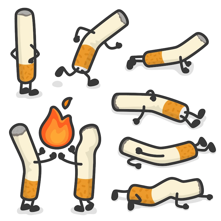 Vetor conjunto de diferentes cigarros de personagem kawaii doodle ilustração vetorial plana