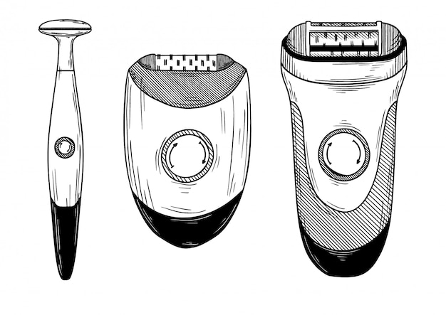 Conjunto de diferentes depiladores, aparadores e máquinas de barbear.