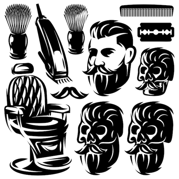 Vetor conjunto de diferentes elementos de design monocromático para ilustração vetorial de barbearia