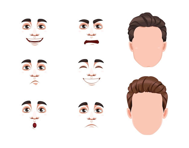 Conjunto de diferentes emoções masculinas. Rostos em branco e expressões de homem bonito