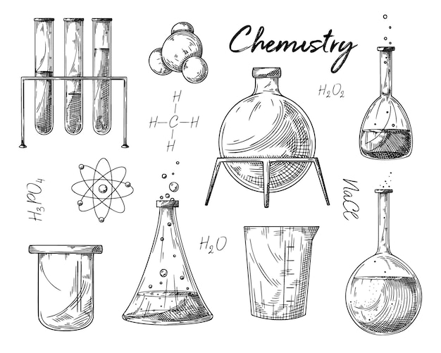 Conjunto de diferentes frascos farmacêuticos e tubos de ensaio Um esboço de objetos de laboratório químico Símbolo de descoberta e química