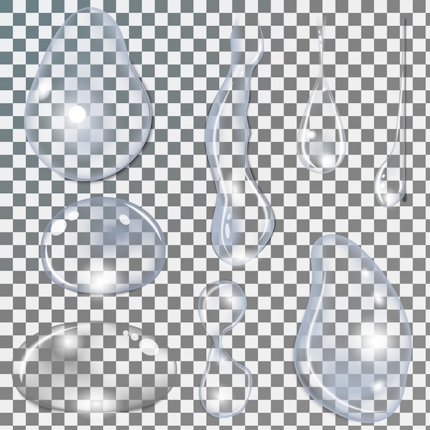 Conjunto de diferentes gotas de água transparente em fundo transparente,