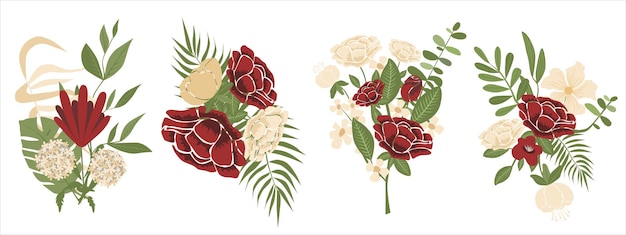 Conjunto de diferentes lindos buquês com jardim e flores silvestres vector ilustração plana Coleção de diferentes plantas com caules e folhas isoladas em branco