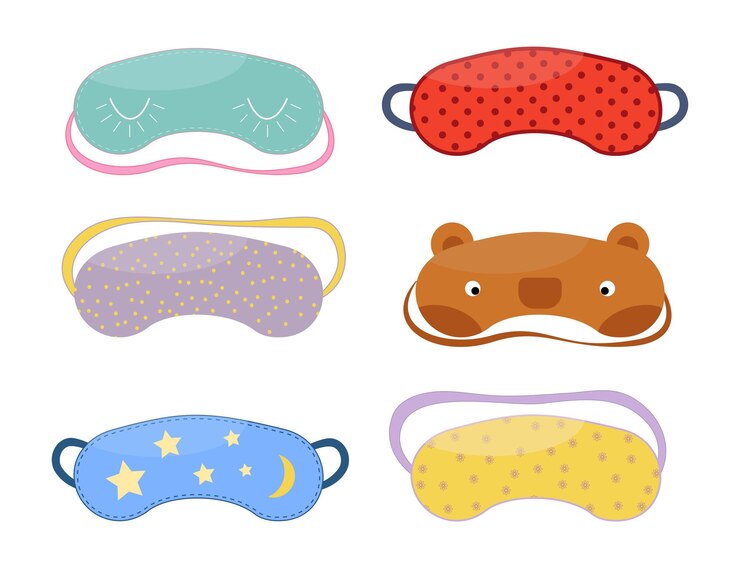 Vetor conjunto de diferentes máscaras de sono em estilo simples. acessório de proteção ocular para dormir, para relaxar em viagens. isolado em um fundo branco. ilustração vetorial.