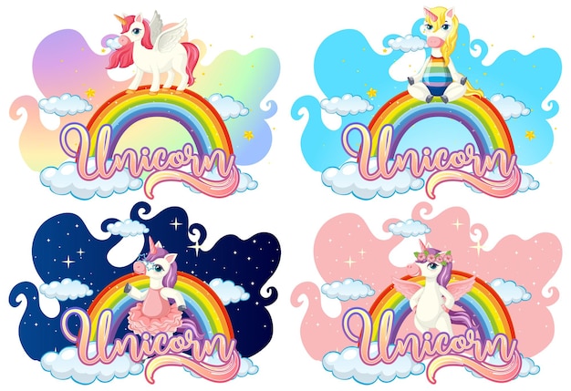 Conjunto de diferentes personagens de desenhos animados de unicórnio no arco-íris com fonte unicórnio