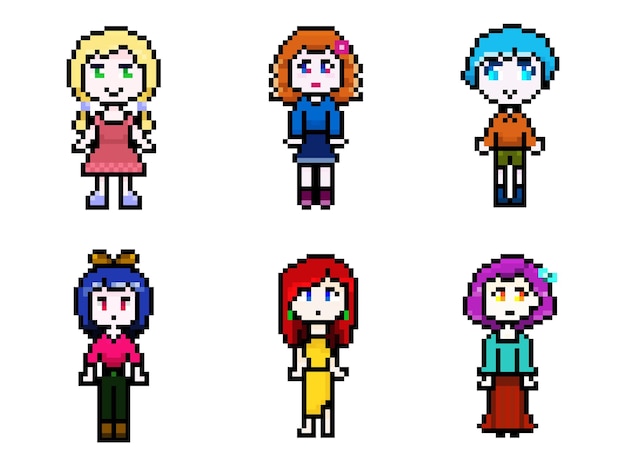 Conjunto de diferentes personagens femininas de pixel