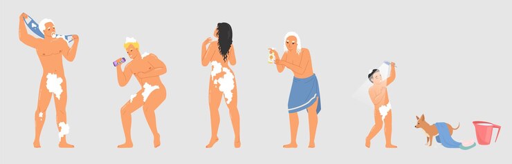 Vetor conjunto de diferentes pessoas, personagens e animais de estimação tomando banho