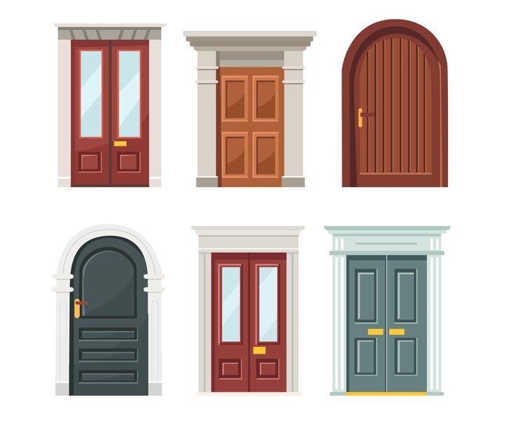 Conjunto de diferentes portas de entrada para uma casa ou edifício em estilo simples Ilustração vetorial isolada para design e decoração