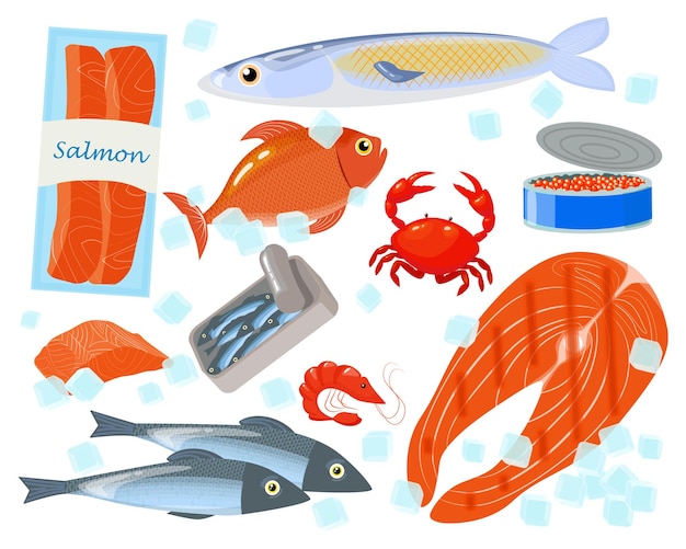 Conjunto de diferentes produtos de peixe em estilo de desenho animado Ilustração vetorial de delicioso salmão comida enlatada sprats sardinhas caviar vermelho caranguejo camarão peixe vermelho bife isolado em um fundo branco