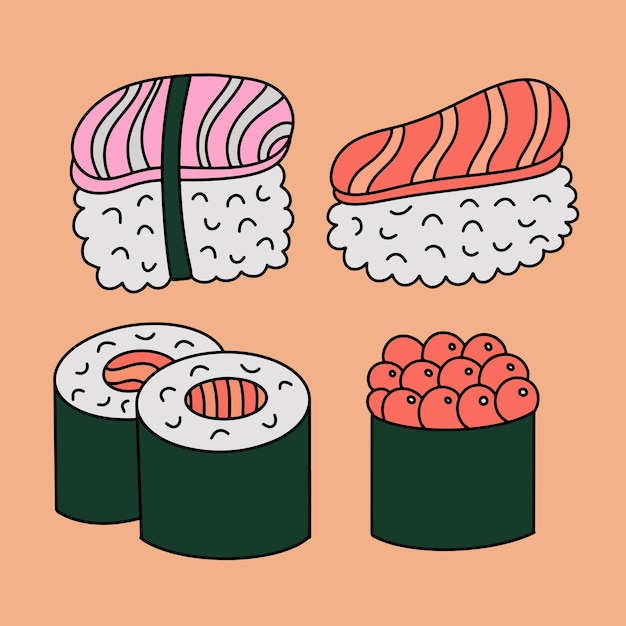 Conjunto de diferentes rabiscos desenhados à mão de sushi Bonita ilustração brilhante, linha de contorno Vetor de linha simples