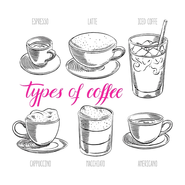 Conjunto de diferentes tipos de café. ilustração desenhada à mão