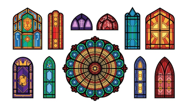 Conjunto de diferentes tipos de janelas em mosaico de vitral de uma ilustração plana de uma igreja gótica