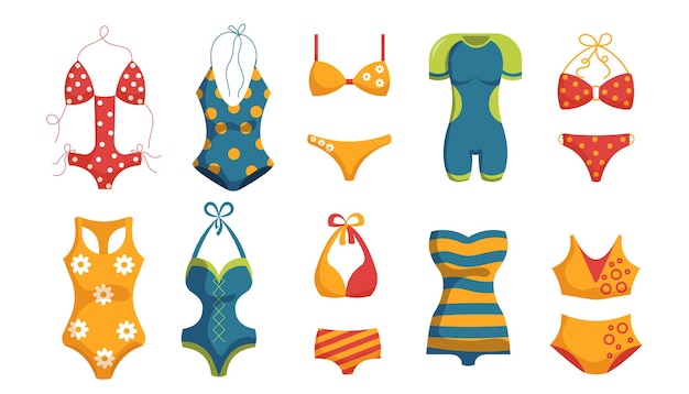 Conjunto de diferentes tipos trajes de banho femininos colecção de trajes de banho split onepiece e traje de banho esportivo