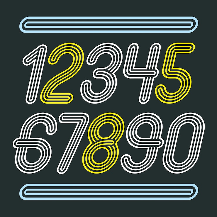 Vetor conjunto de dígitos vetoriais de discoteca elegantes, coleção de numerais modernos. numerais cursivos funky de 0 a 9 melhores para uso na arte do cartaz. criado usando listras geométricas triplas.