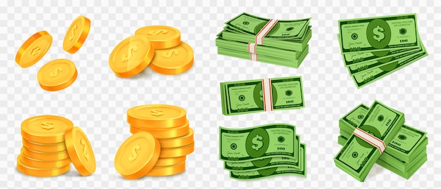 Conjunto de dinheiro, moedas de ouro e notas de dólar
