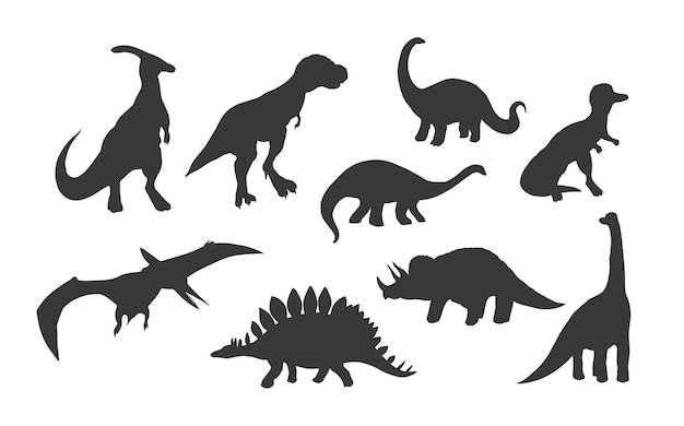 Vetor conjunto de dinossauros de silhueta isolado no fundo branco, ilustração vetorial.