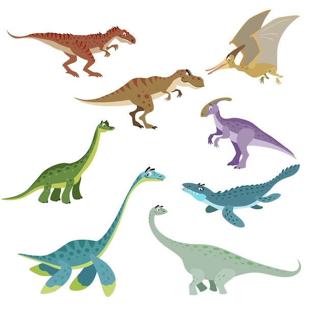 Conjunto de dinossauros dos desenhos animados. Coleção de dinossauros bonitos em estilo simples e engraçado. Predadores e herbívoros animais selvagens pré-históricos. Ilustração vetorial isolada no fundo branco.