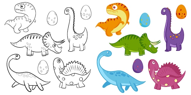 Conjunto de dinossauros dos desenhos animados para colorir. ilustração em vetor preto e branco. jogo educativo infantil. estilo liso dos desenhos animados.