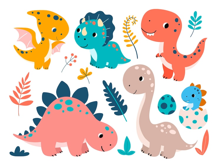 Vetor conjunto de dinossauros e elementos bonitos