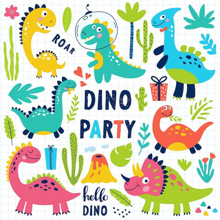 Vetor conjunto de dinossauros fofos para impressão de crianças.