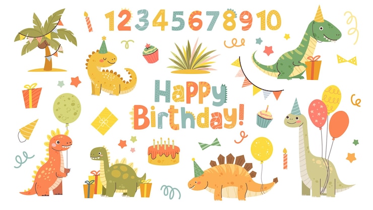 Vetor conjunto de dinossauros para festa de aniversário dinossauros bonitos desenhados para crianças com balões e presentes
