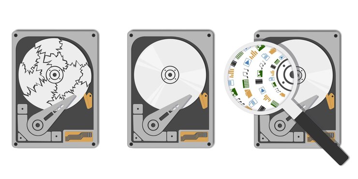 Vetor conjunto de disco rígido aberto com disco de trabalho ou quebrado e hdd sob a lupa com ícones de dados