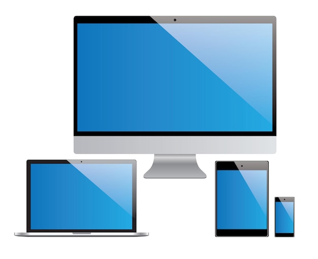 Vetor conjunto de dispositivos, laptop, pc, tablet, smartphone em fundo branco