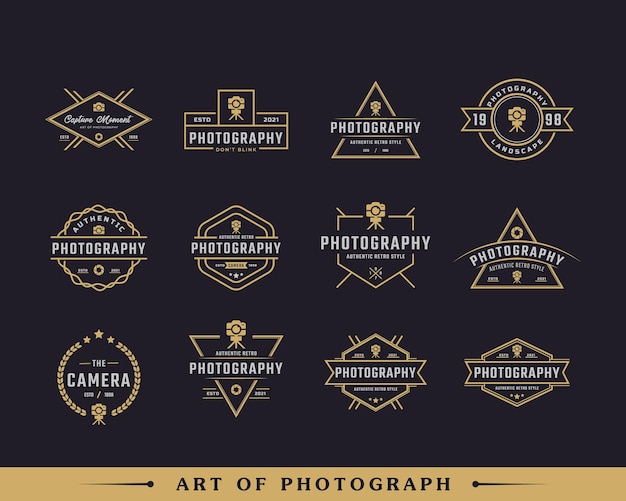 Conjunto de distintivo de rótulo retrô vintage clássico para logotipo de fotografia com inspiração de design de símbolo de câmera