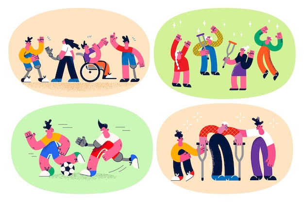 Conjunto de diversas pessoas ativas com deficiência física vivendo uma vida normal plena se divertindo juntos. coleção de homens e mulheres com deficiência crônica mostra igualdade. ilustração em vetor plana.