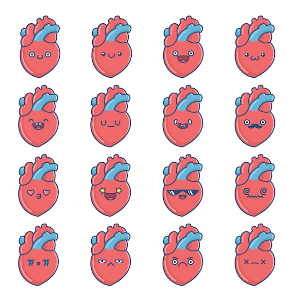 Vetor conjunto de divertidos desenhos animados bonitos do ícone de um coração humano isolado