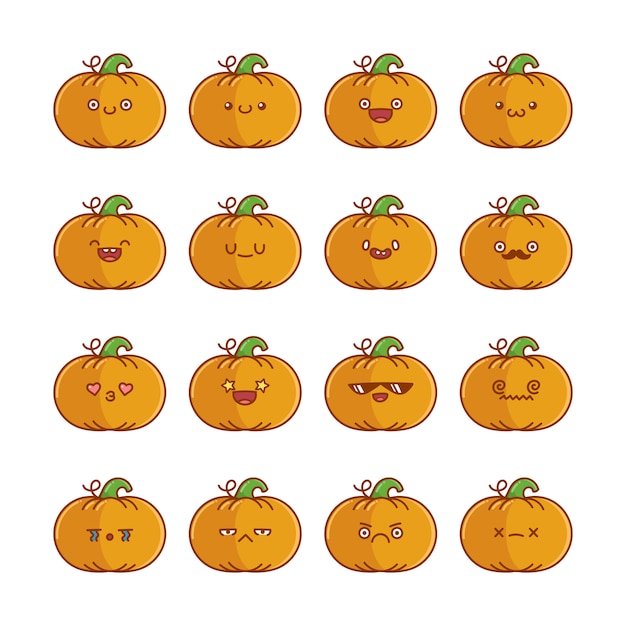 Vetor conjunto de divertidos desenhos animados de ícones de abóbora de halloween isolados