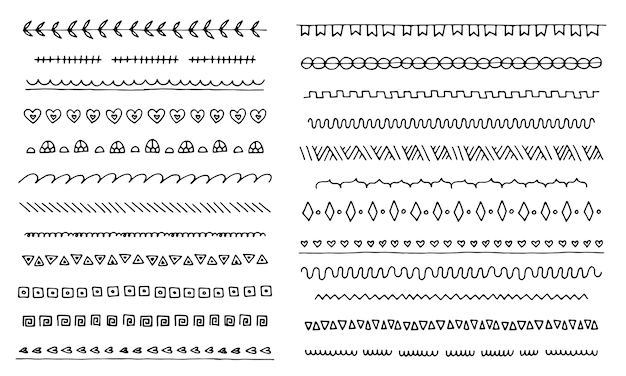 Conjunto de divisores de doodle desenhado à mão. linhas de pincel de caneta de tinta, traços de lápis sublinhados