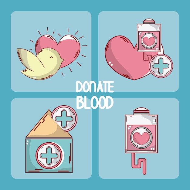 Conjunto de doar cartão de sangue com símbolos