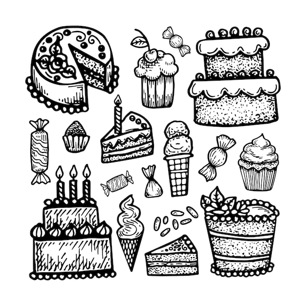 Desenho para colorir com bolo, sorvete, cupcake, doces e outros