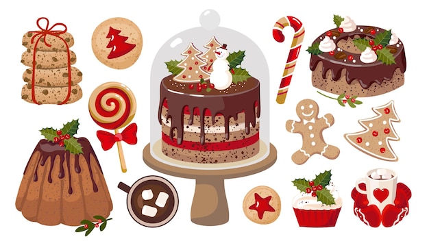 Conjunto de doces de natal um bolo em um carrinho um boneco de neve um pirulito uma cana de caramelo biscoitos de gengibre cacau com marshmallows clipart vetorial ilustrado