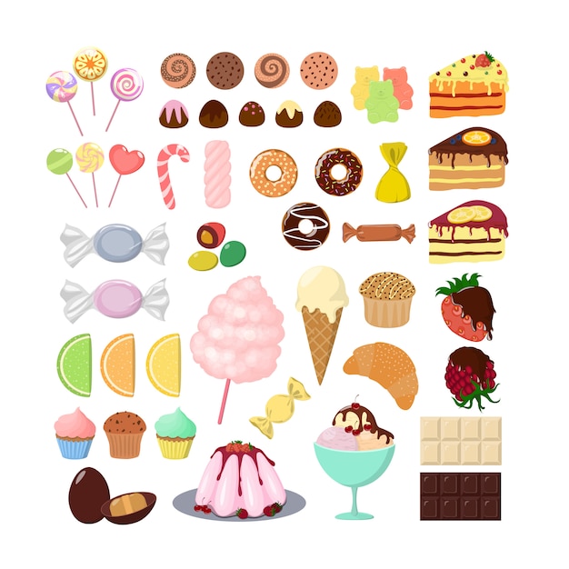 Conjunto de doces diferentes. Bolo e muffin, doces e pirulito.