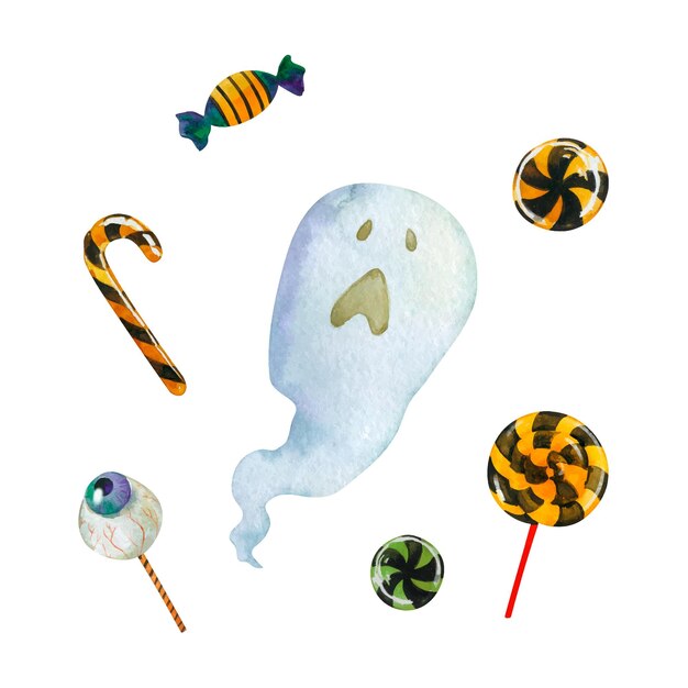 Conjunto de doces e fantasmas assustadores de Halloween Clipart desenhado à mão em aquarela isolado em fundo branco