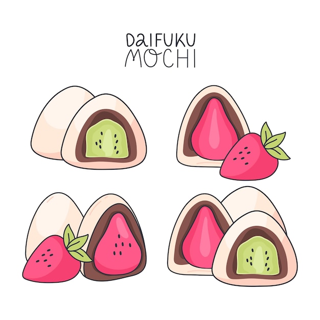 desenhar bonito kawaii japão tradição doce mochi daifuku ilustração  vetorial. comida tradicional asiática japonesa, culinária, conceito de  menu. estilo cartoon doodle. 16213301 Vetor no Vecteezy