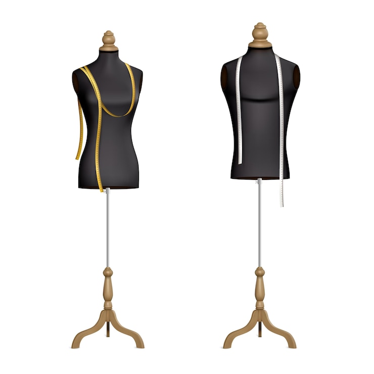 Vetor conjunto de dois manequins isolados realistas com formas corporais femininas cavaletes com fitas métricas