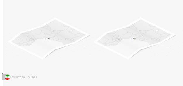 Conjunto de dois mapas realistas da guiné equatorial com sombra a bandeira e o mapa da guiné equatorial em estilo isométrico