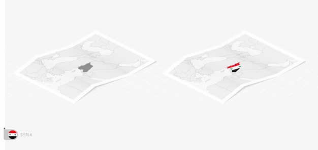 Vetor conjunto de dois mapas realistas da síria com sombra a bandeira e o mapa da síria em estilo isométrico