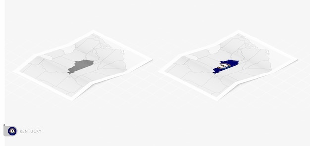 Conjunto de dois mapas realistas de kentucky com sombra a bandeira e o mapa de kentucky em estilo isométrico