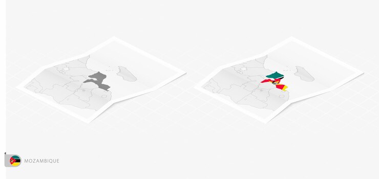 Vetor conjunto de dois mapas realistas de moçambique com sombra a bandeira e o mapa de moçambique em estilo isométrico