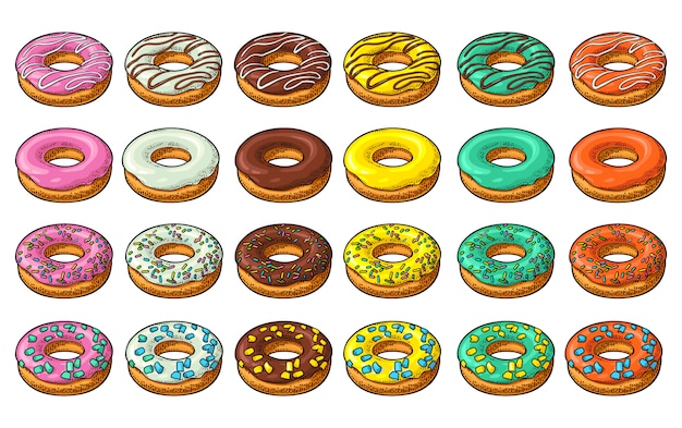 Conjunto de donut com cobertura diferente, esmalte, listras, granulado.