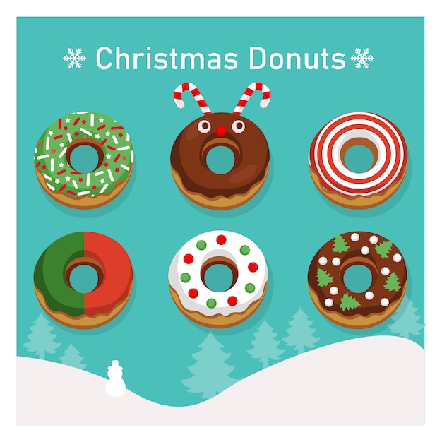 Conjunto de donuts coloridos de variedade no tema de natal.