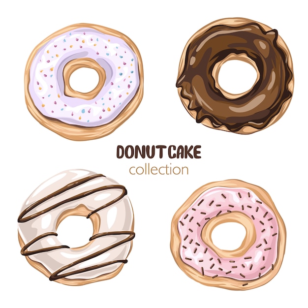 Vetor conjunto de donuts coloridos dos desenhos animados, isolados no fundo branco. coleção de rosquinhas de vista superior em esmalte para design de menu, decoração de café, caixa de entrega. ilustração em estilo simples