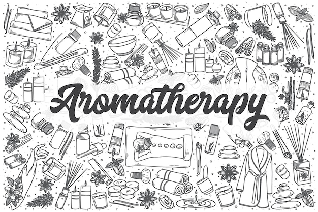 Conjunto de doodle de aromaterapia de mão desenhada. letras - aromaterapia