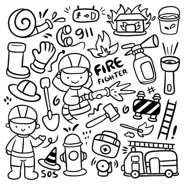Conjunto de doodle de bombeiro desenhado à mão