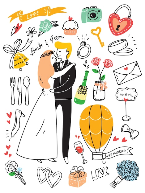 Conjunto de doodle de casamento